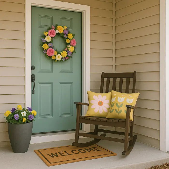  Small front porch styled for spring with flowers and soft accents.