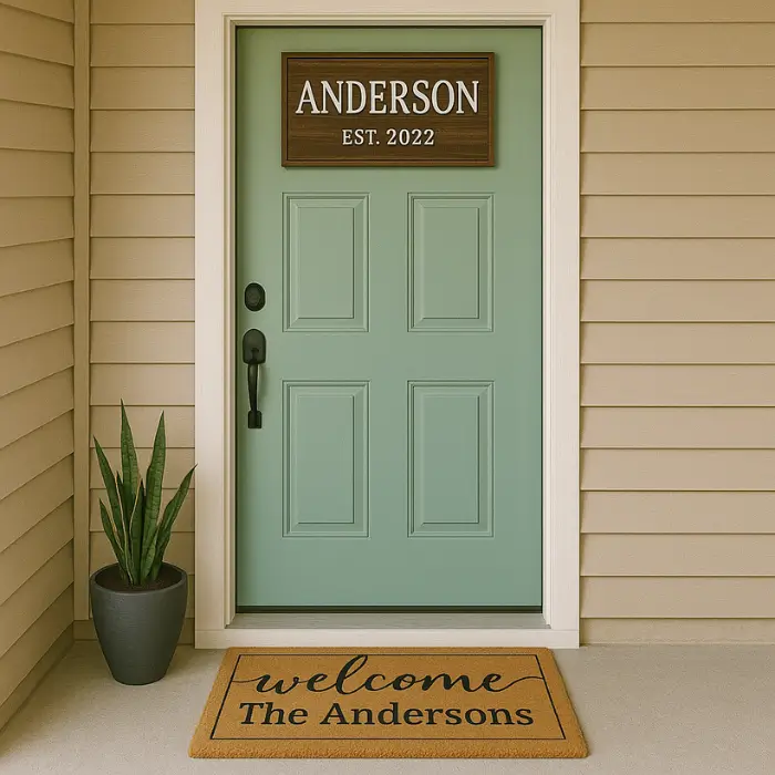 Personalized small porch décor with custom mat and sign.