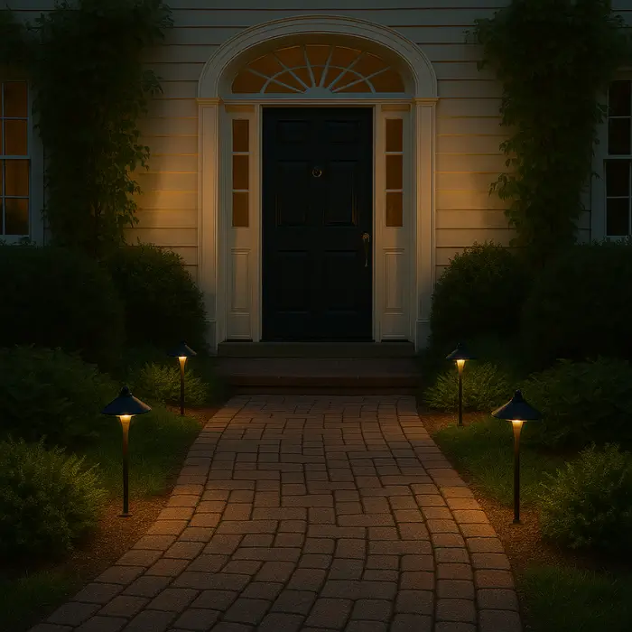 Front entrance with pathway lighting creating a warm ambience.