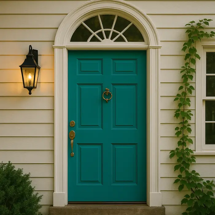 Outdoor entrance featuring colorful door and elegant details.