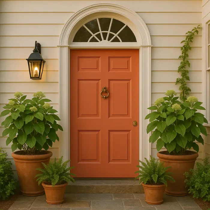 Outdoor entrance with plants and flower-filled planters.
