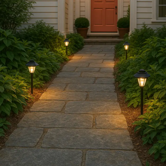 Outdoor front walkway with stone pavers and greenery.