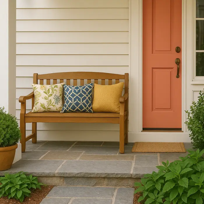 Outdoor front entrance seating area with cozy details.