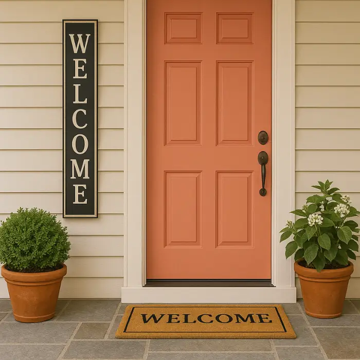 Outdoor front entrance with personalized decorative accents.