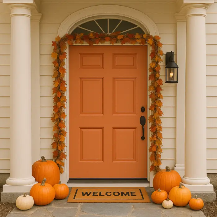 Outdoor front entrance styled with seasonal fall décor.