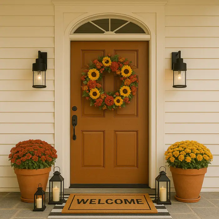 Seasonal floral wreath on front porch with decorative lanterns.