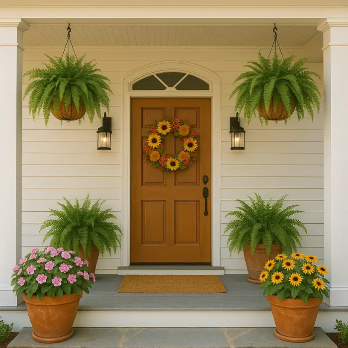 Potted plants and hanging flowers on cozy front porch.
