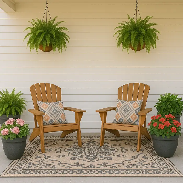 Outdoor rug adding comfort and design to front porch seating area.