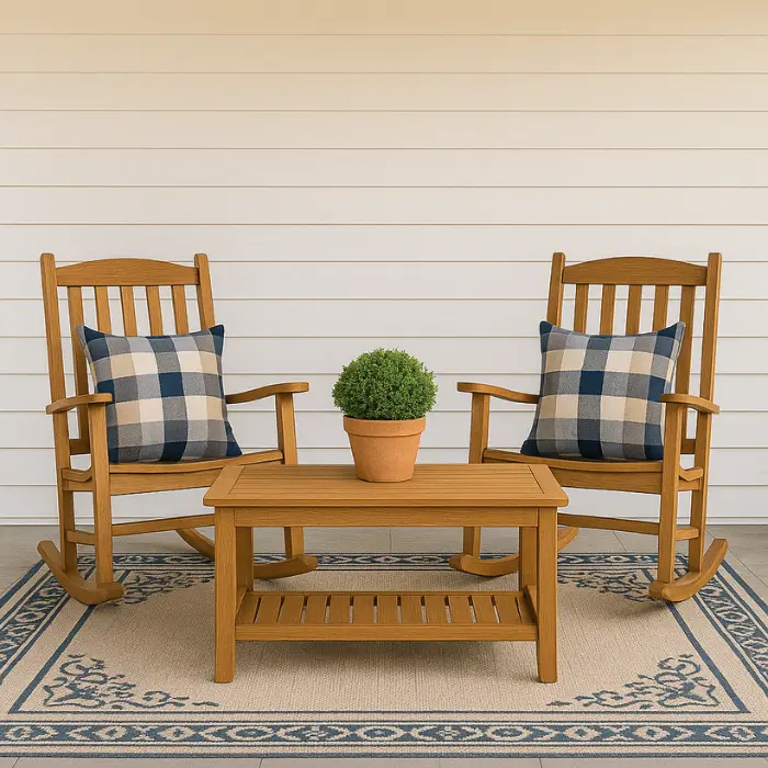 Cozy front porch seating with chairs, pillows, and plants.