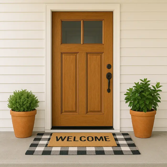 Layered welcome mats on front porch for a modern entryway.