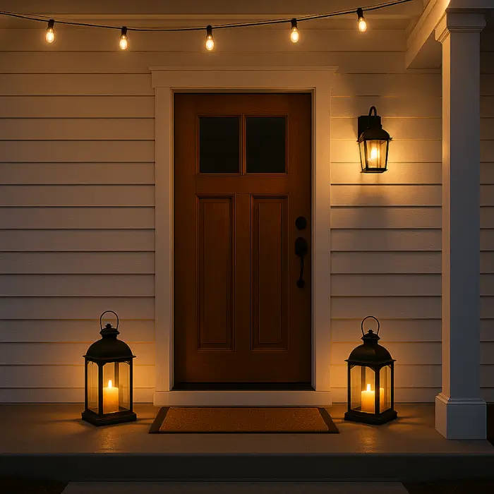 Front porch lighting with lanterns and cozy evening glow.