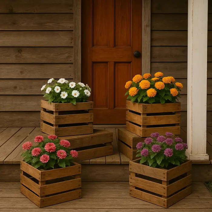Rustic farmhouse front porch décor with wooden accents.