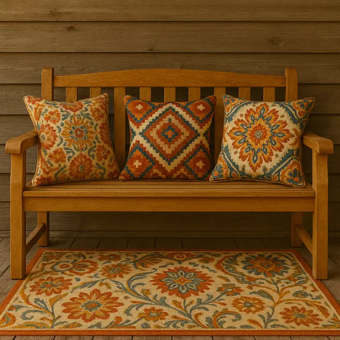 Outdoor pillows adding cozy charm to front porch seating.