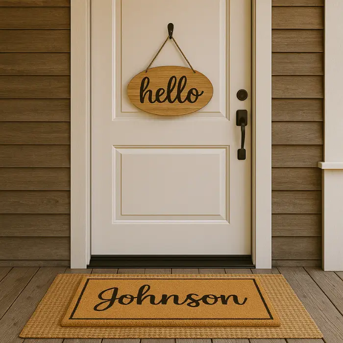 Front porch with custom name mat and personalized sign.