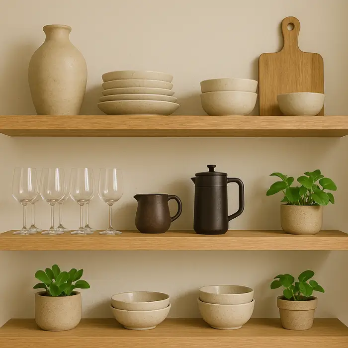 Open kitchen shelving styled with dishes and decorative accents.