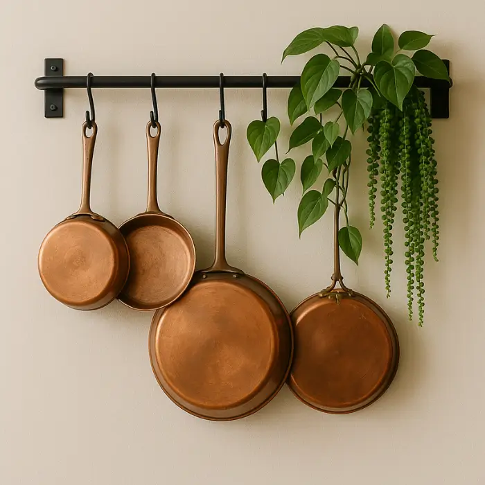  Floating pot rack adding rustic charm to kitchen décor.