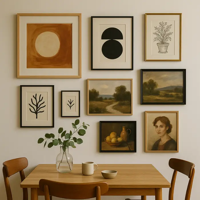 Kitchen gallery wall combining art, quotes, and recipes.