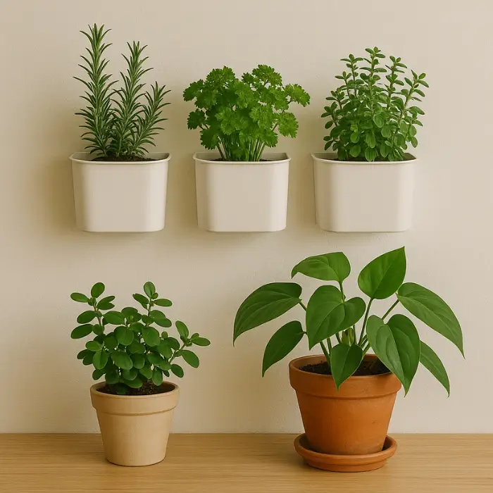 Greenery wall in the kitchen with herbs and trailing plants.