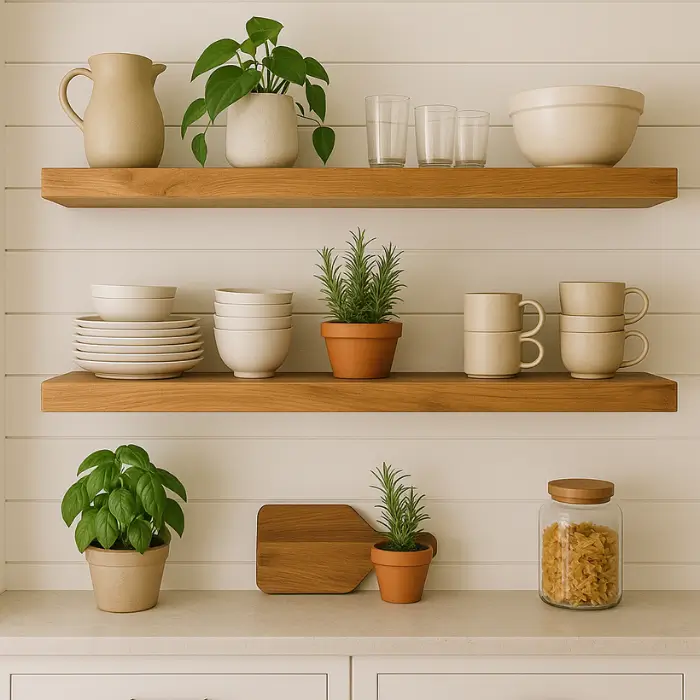 extured shiplap wall adding farmhouse charm to kitchen décor.