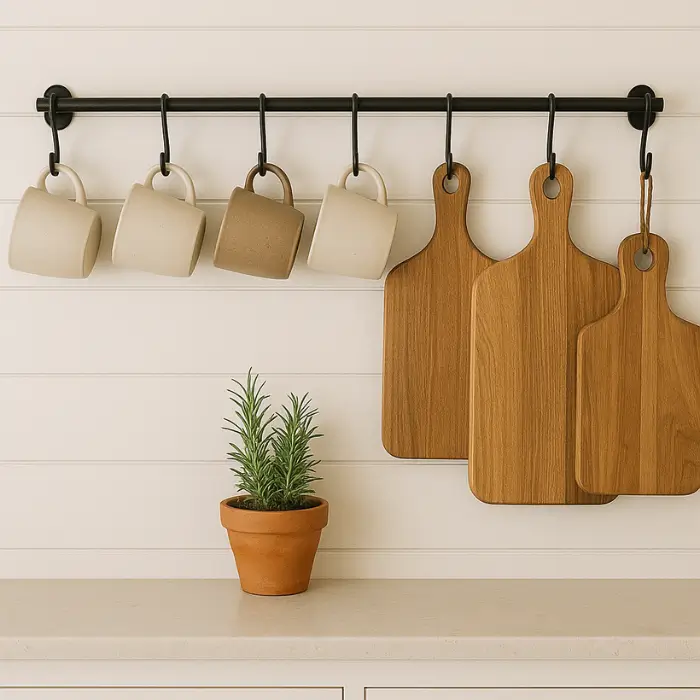 Wall-mounted hooks for utensils and mugs in a modern kitchen.