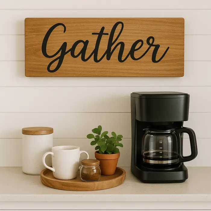Typography wall sign adding cozy personality to kitchen décor.
