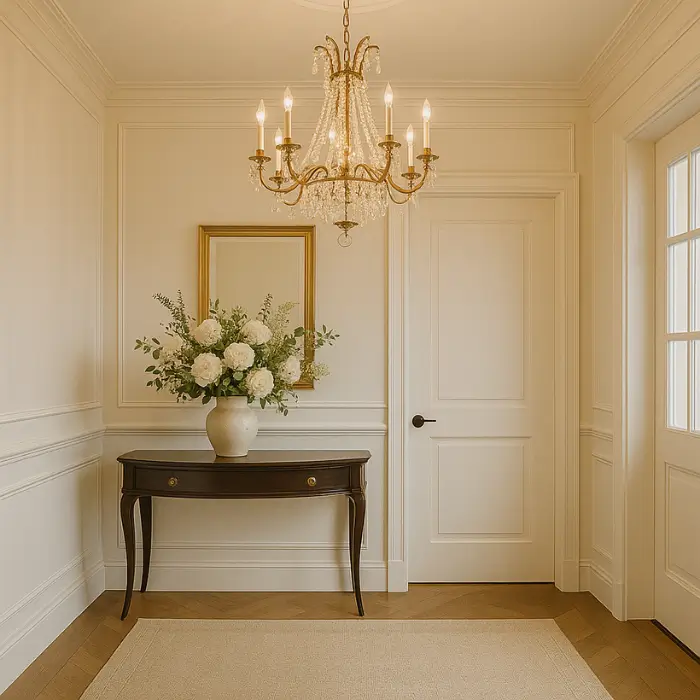 Elegant entrance hall featuring chandelier and marble flooring.