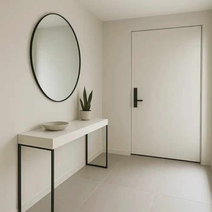 Minimalist home entrance decorated with neutral furniture and soft lighting.