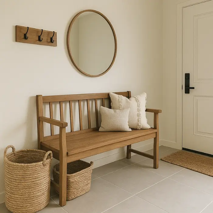 Rustic farmhouse home entrance with natural wood furniture and cozy decor.