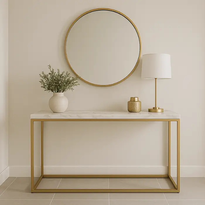 Modern home entrance with marble console table and elegant lighting.