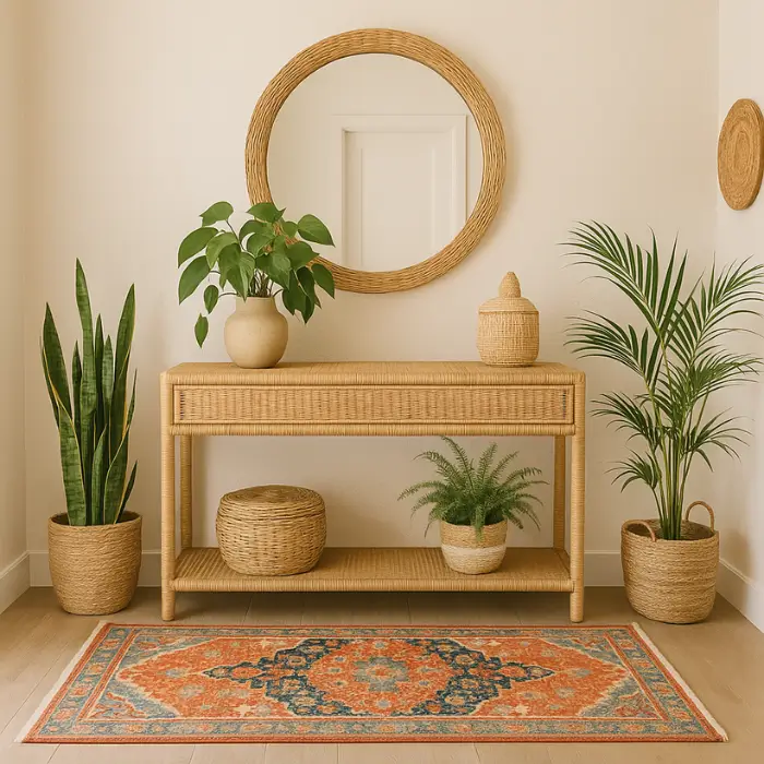 Vibrant bohemian home entrance with patterned textiles and greenery.