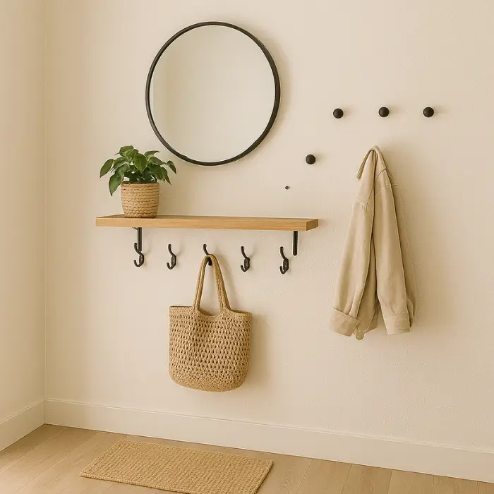 Small home entrance with modern storage and minimalist design.