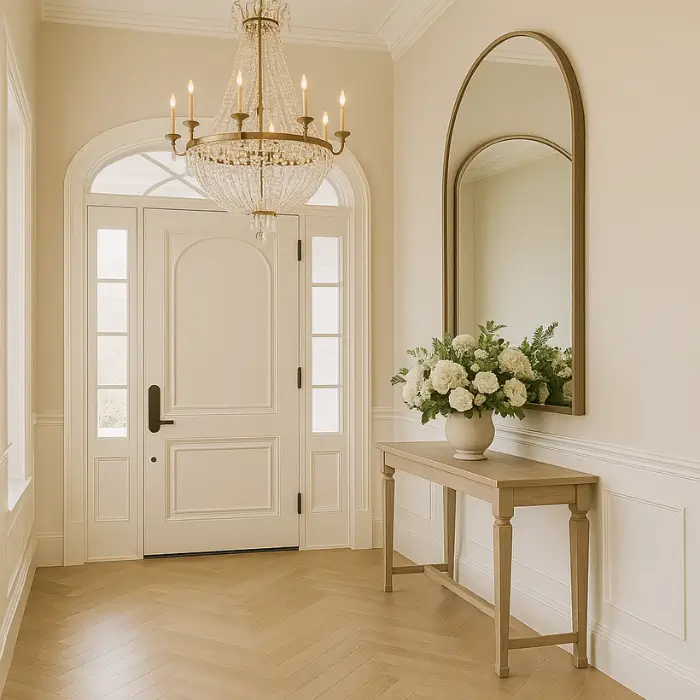 Luxurious home entrance with marble flooring and chandelier lighting.