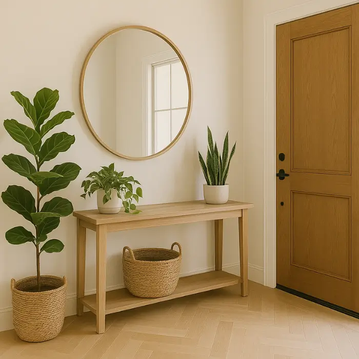 Nature-inspired home entrance decorated with plants and natural materials.