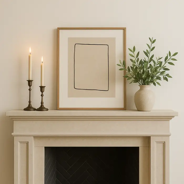 Clean modern fireplace mantel decorated with minimalist neutral accents.