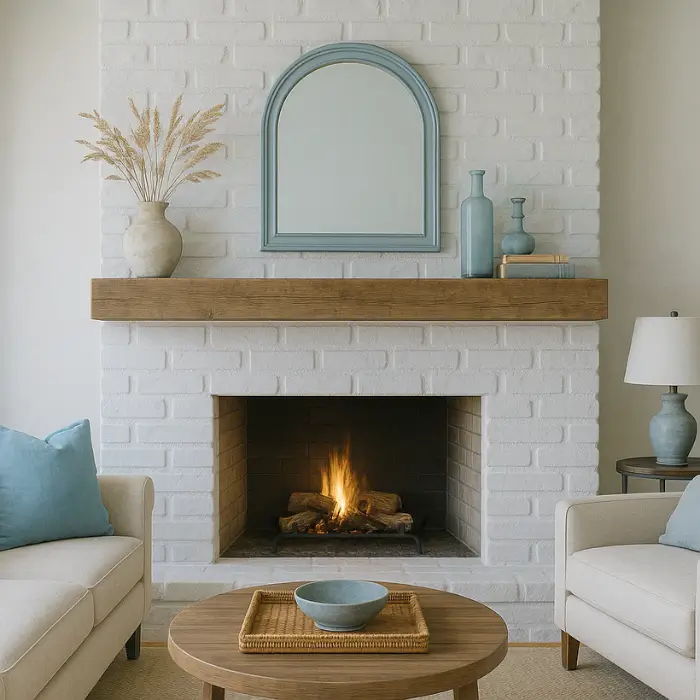 Whitewashed brick fireplace with natural wood and light coastal styling.