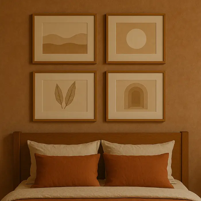 The bedroom has minimalist framed artwork above the cozy bed.