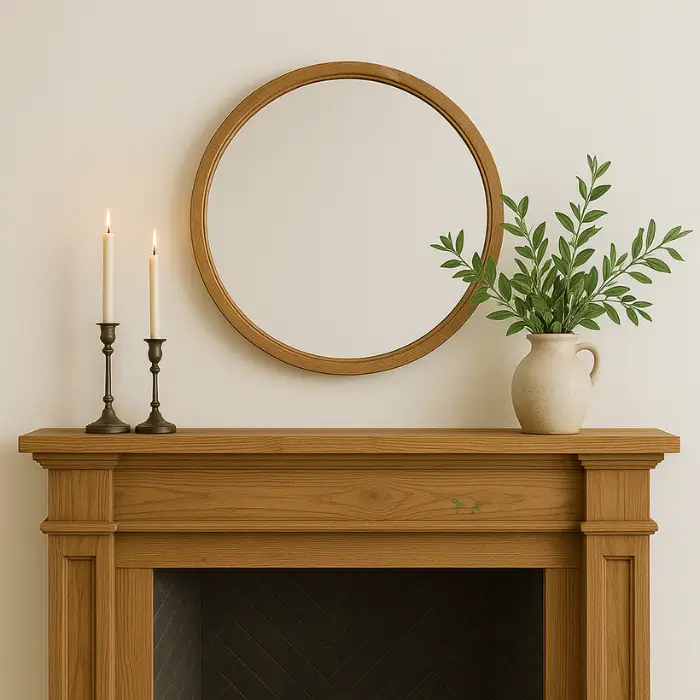 Rustic farmhouse mantel featuring wooden beams and cozy decor layers.