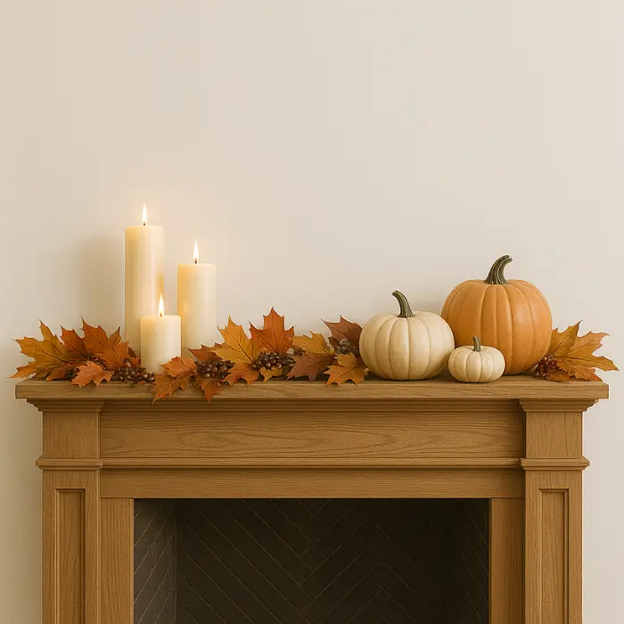 Cozy autumn fireplace mantel decorated with garland and candles.