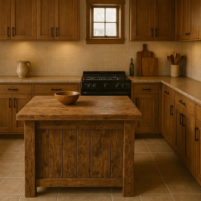 Rustic kitchen featuring reclaimed wood island and shelves.