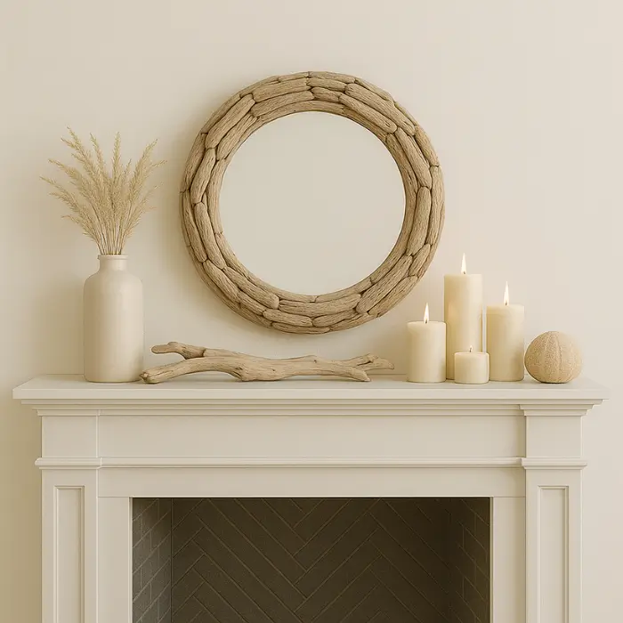 Airy coastal fireplace mantel featuring light colors and natural textures.