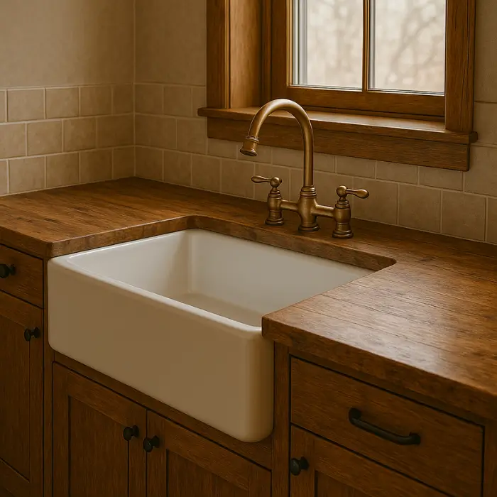 Classic apron-front farmhouse sink with rustic kitchen décor