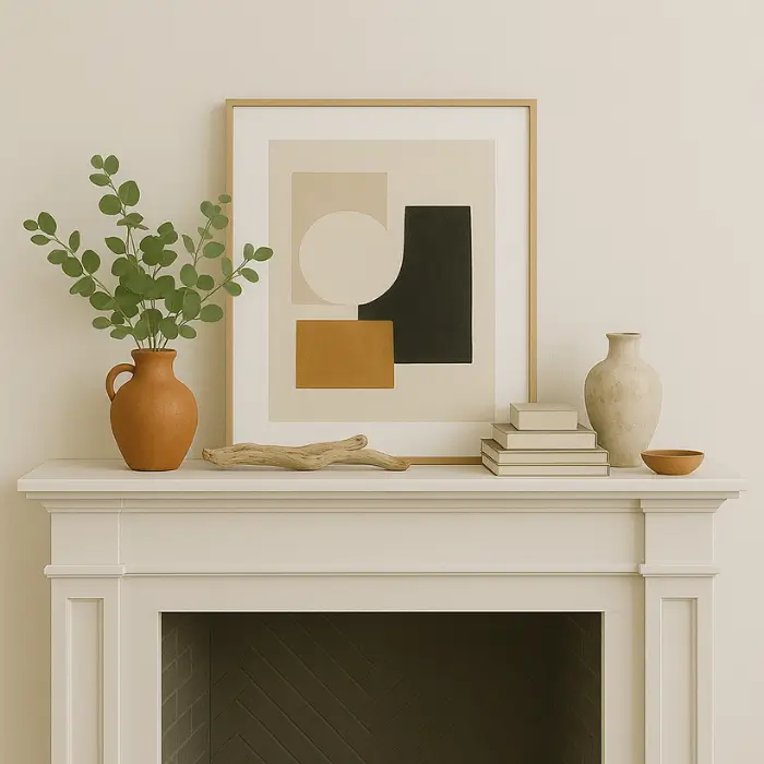 Eclectic fireplace mantel decorated with layered art and collected pieces.