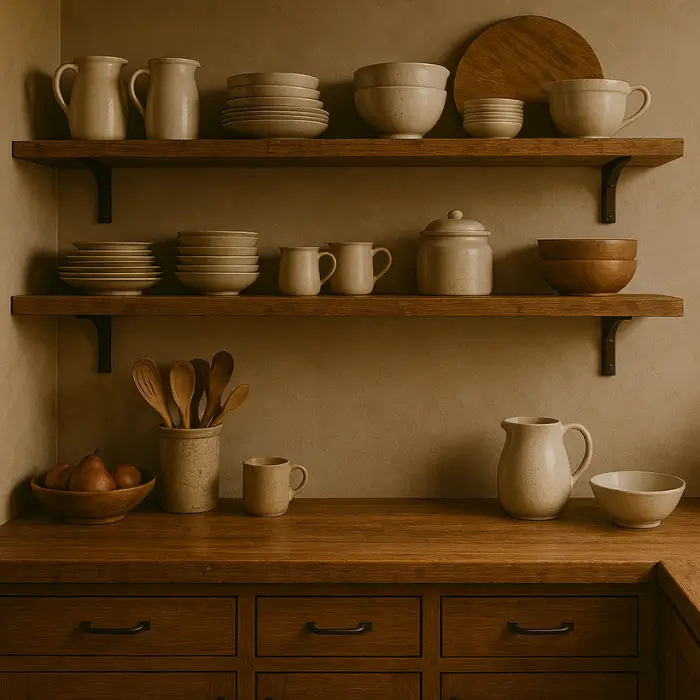 Rustic open shelving kitchen with wood accents and neutral tones.