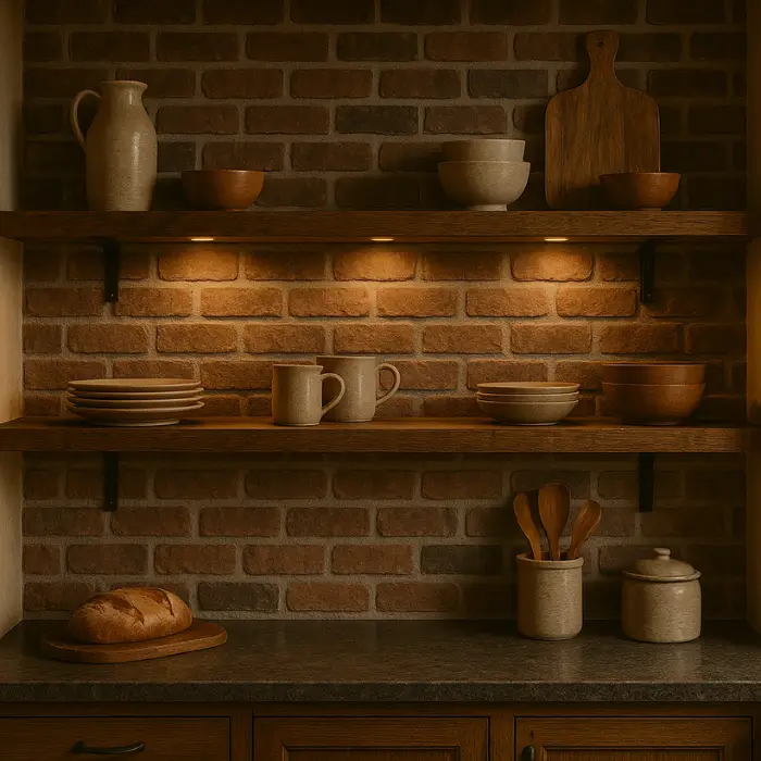 Rustic kitchen backsplash with exposed brick and natural materials.