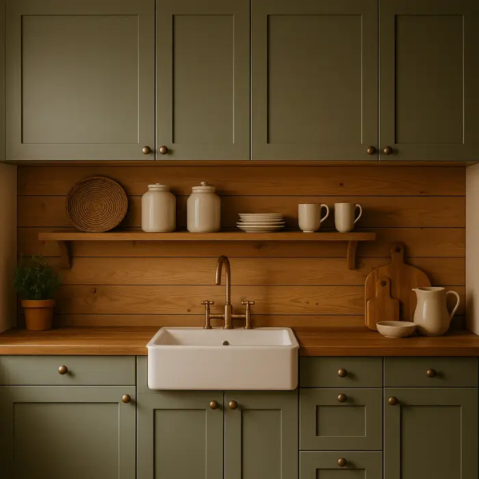 Earth-toned rustic kitchen with warm natural palette.