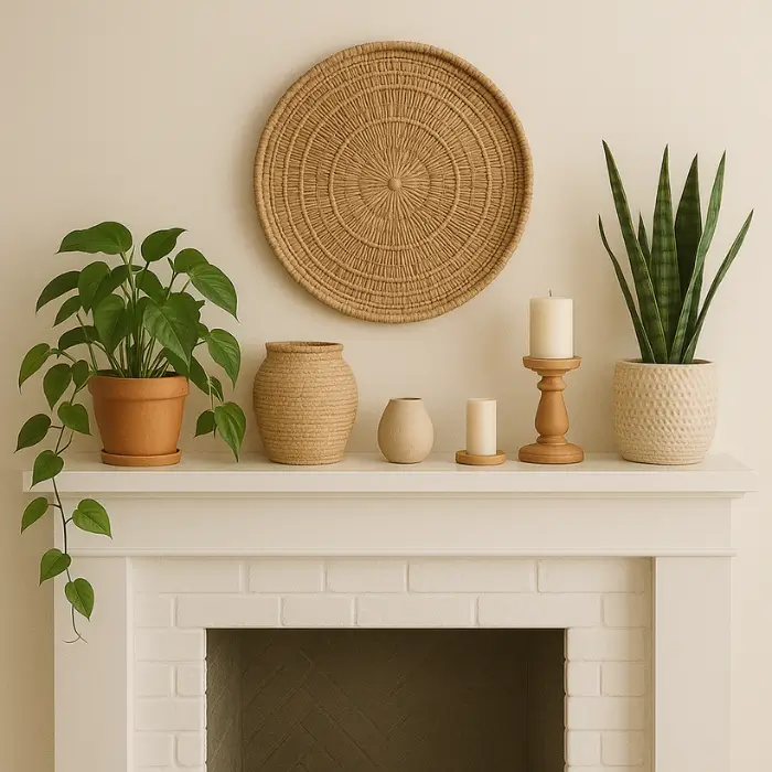 Boho-inspired fireplace mantel decorated with natural textures and warm colors.