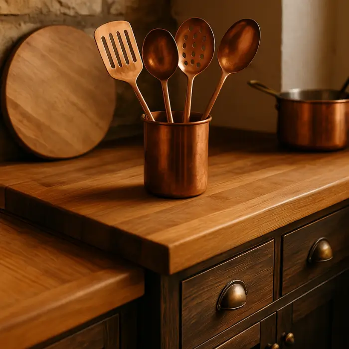 Butcher block countertops in rustic kitchen with natural wood grain.