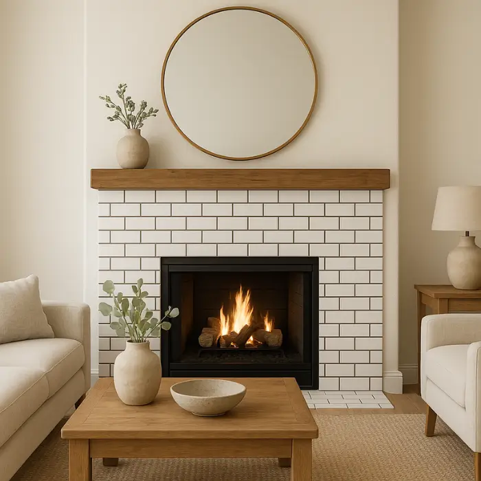 Bright white subway tiled fireplace adding modern simplicity to living room.