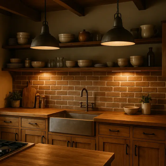 Vintage pendant lighting in rustic kitchen with wooden details.