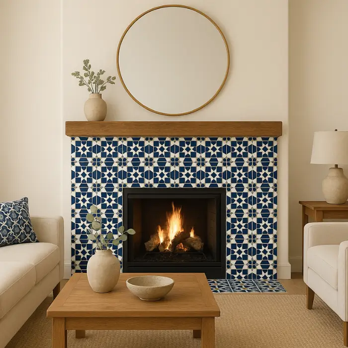 Mosaic tiled fireplace creating artistic focal point in living space.